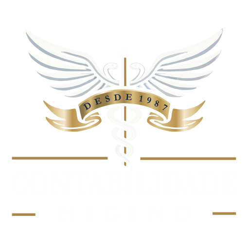 Logo da Contabilidade Higino em azul escuro, com asas estilizadas, caduceu dourado, faixa com 'Desde 1987' e texto branco e dourado representando serviços contábeis